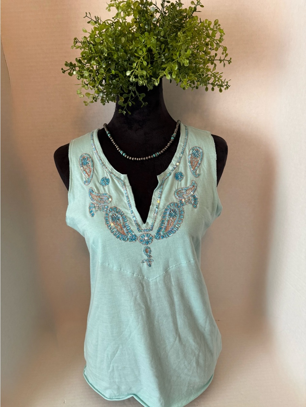 Cruel Girl Mint Embellished V-Notch Tank Top